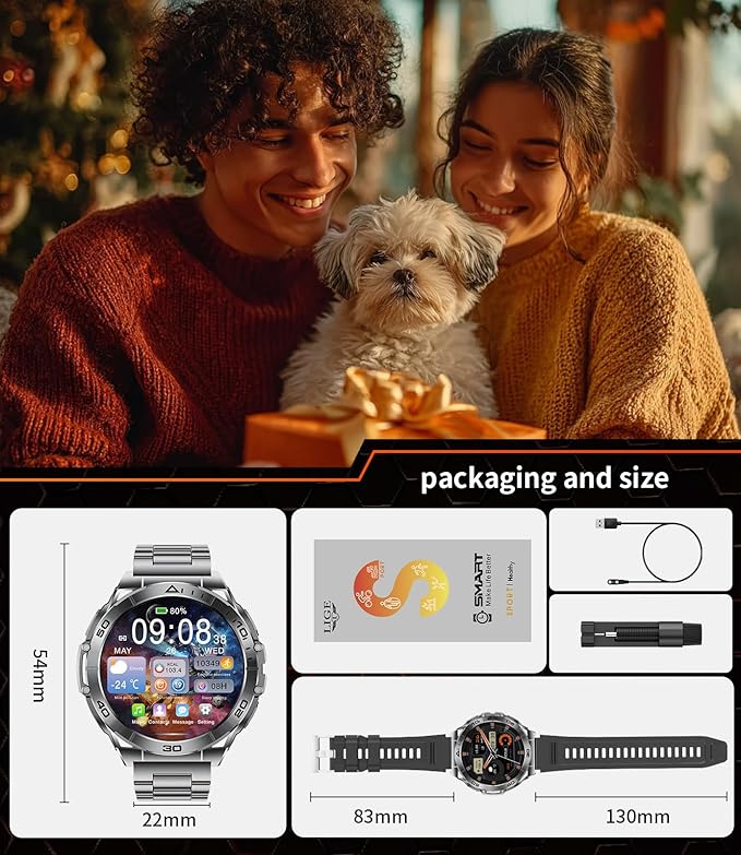 EF16 Smart Watch for Men with Bluetooth Call, 1.6" AMOLED Fitness Tracker Watches, 600mAh Battery/2 Straps/100+ Sports/IP68 Waterproof/LED Flashlight Smartwatch for Android iPhone Compatible