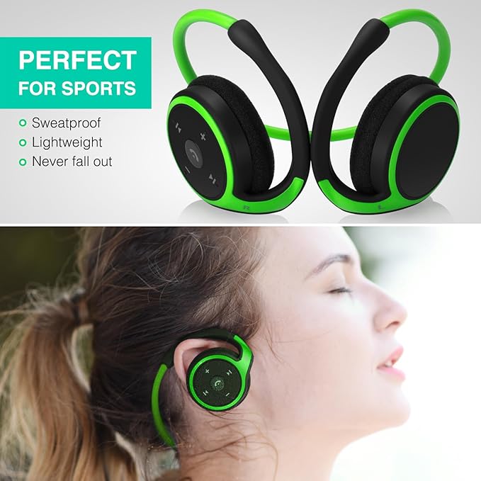 Small Bluetooth Headphones Wrap Around Head - Sports Wireless Headset with Built in Microphone and Crystal-Clear Sound, Foldable and Carried in The Purse, and 12-Hour Battery Life, Green