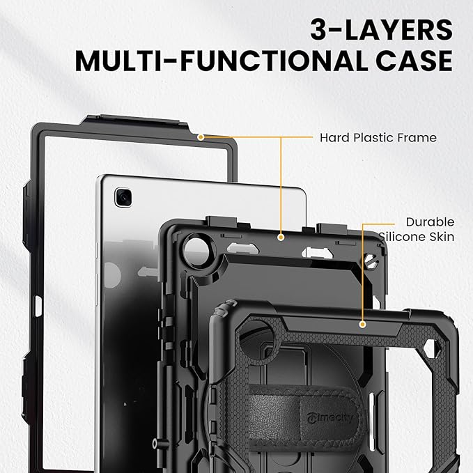 Timecity Case for Galaxy Tab A7 10.4 Inch 2020, SM-T500/ T505/ T507/ 2022 SM-T503/509, Durable Sturdy Case with Screen Protector Swivel Stand Hand Shoulder Strap Full-Body Drop-Proof - Black
