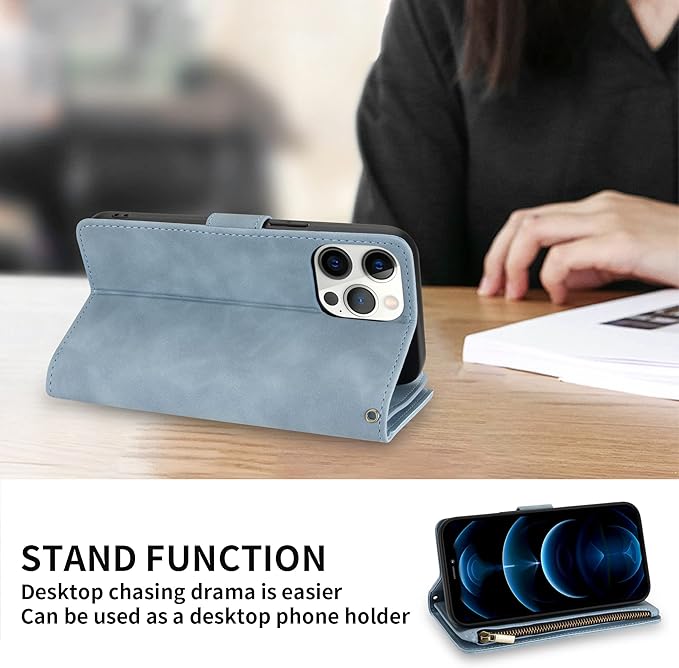 ZZXX for iPhone 12 Pro Max Wallet Case with Card Slot Premium Soft PU Leather Zipper Flip Folio Wallet with Wrist Strap Kickstand Protective for iPhone 12 Pro Max Case Wallet(Light Blue 6.7 inch)