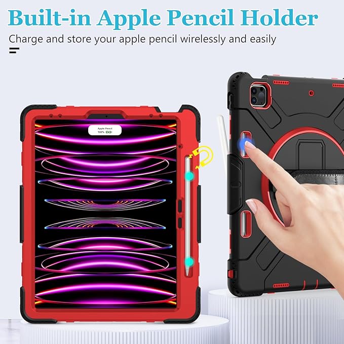 Case for iPad Pro 12.9 2022/2021/ 2020/2018: Cover for iPad Pro 12.9 6th/ 5th/ 4th/ 3rd Generation with Screen Protector- Stand- Pencil Holder- Handle- Shoulder Strap Red+Black