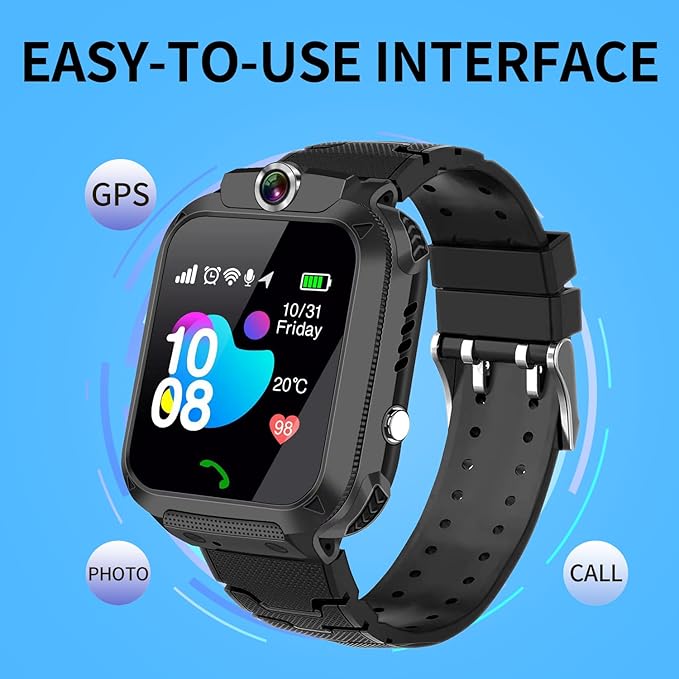 2G Kids GPS Watch, Waterproof Smart Tracker for Boys Girls Ages 3-12 - 2-Way Calling, SOS Button, No Games, 7-Day Battery, Birthday Gift (Black)