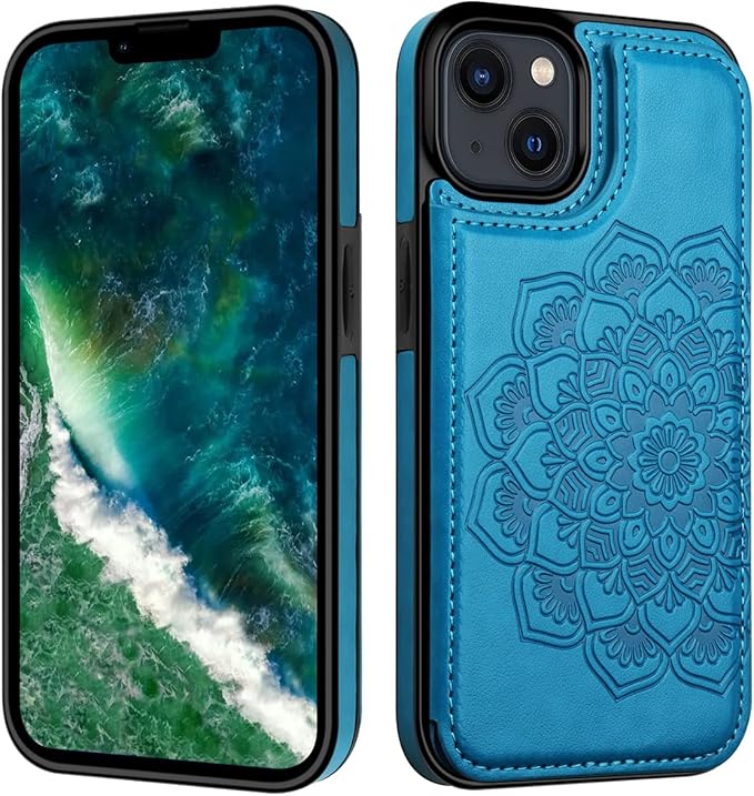 MMHUO for iPhone 14 Case with Card Holder, Flower Magnetic Back Flip Case for iPhone 14 Wallet Case for Women, Protective Case Phone Case for iPhone 14,Blue