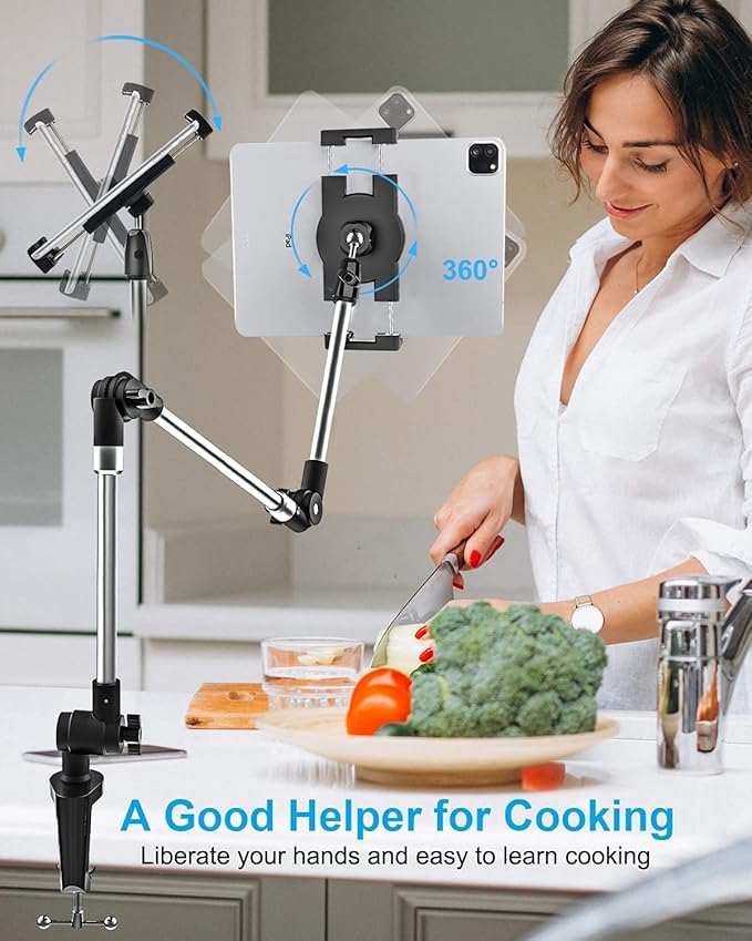 woleyi Adjustable Tablet Mount Holder, 35" Desk/Bed Clamp Phone iPad Stand with Foldable 360° Swivel Arm for iPad Pro 12.9 Air Mini, iPhone, Galaxy Tabs, Nintendo Switch, 4-13" Cell Phones and Tablets