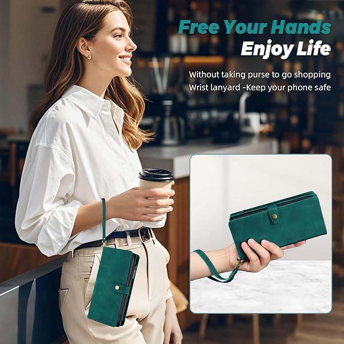 TwoHead for Samsung Galaxy S24 Plus Wallet Case with Card Holder,Detachable Magnetic Phone Case for Galaxy S24 Plus,PU Leather All-Round Protective Phone Cover Wallet with Strap(6.6 in,Green)