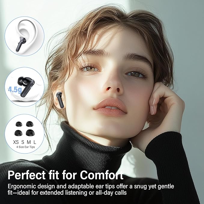 Adaptive Hybrid Active Noise Canceling Wireless Earbuds, 6 Mics ENC Clear Call Ear Buds, Hi-Res Audio Deep Bass Bluetooth 5.4 Headphones, 48H Playtime, Wireless Charging, Multipoint Connection, Black