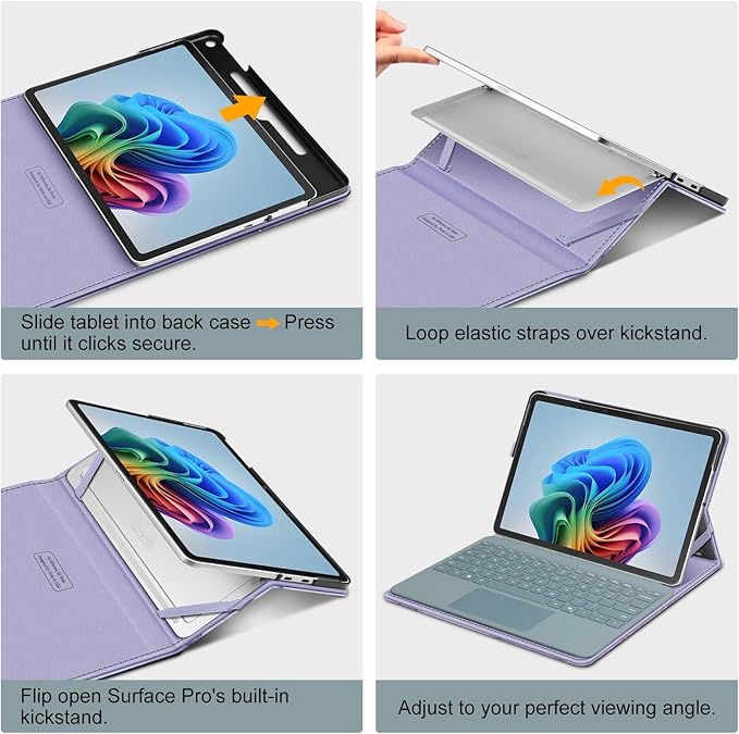 Fintie Case for Microsoft Surface Pro 12 Inch 1st Edition (2025), Multiple Angle Viewing Portfolio Business Cover with Pocket & Stylus Holder, Compatible with Type Cover Keyboard (Lilac Marble)