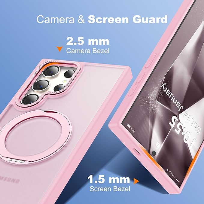 Compatible with Samsung Galaxy S22 & S23 Ultra Case with 360Rotatable Magnetic Ring Stand Compatible with Mag-Safe Military Protection Shockproof Translucent Phone Case,Pink