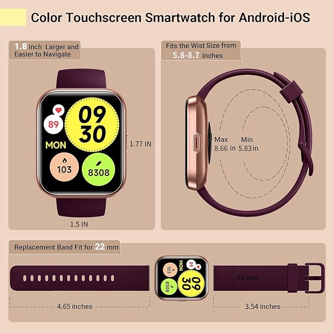 Smartwatch for Women, Compatible with Android & iPhone, 1.8'' Fitness Tracker Watch with Alexa, Call & Notification Alerts, Heart Rate & Sleep Monitor, 120 Sports Modes, Waterproof Watch for Women