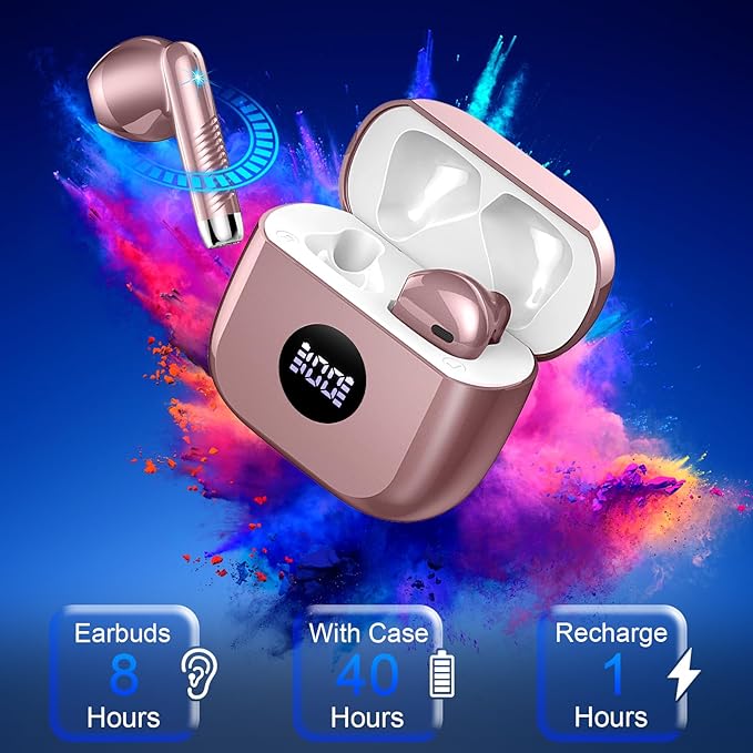 Wireless Earbuds, Bluetooth 5.4 Ear Buds LED Power Display Headphones Bass Stereo, Bluetooth Earbuds in-Ear Noise Cancelling Mic, 40H Playback Mini Case IP7 Waterproof Sports Earphones for Android iOS