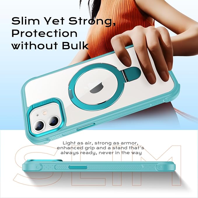 Anqrp O-Ring Magnetic Kickstand Clear Case for iPhone 12/12 Pro, Compatible with Mag-Safe, Military-Grade Reinforced 4-Corners Anti-Yellowing Transparent Phone Case Cover for iPhone 12/12 Pro, Teal
