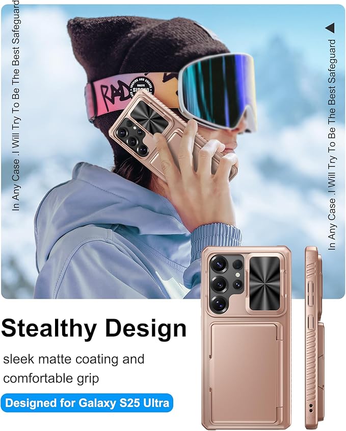 for Samsung Galaxy S25 Ultra Phone Case Wallet, Card Holder (4-5 Cards), RFID Block, Slide Camera Cover & Military Shockproof, Heavy Duty Men Women Cases for Samsung Galaxy S25 Ultra, Rose Gold