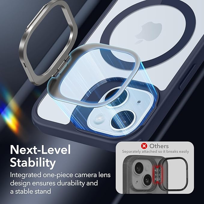 ESR for iPhone 15 Case, Compatible with MagSafe, Military-Grade Protective Case, Built-in Stash Stand Phone Case, Scratch-Resistant Back Cover, Classic Series, Clear Dark Blue