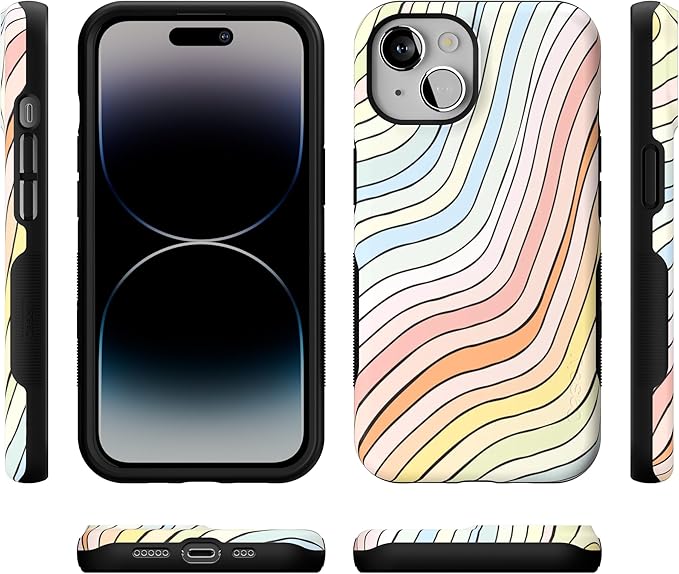 Casely iPhone 14 Case | Ride The Wave | Pastel Rainbow Lined | Compatible with MagSafe | Bold Protective Design