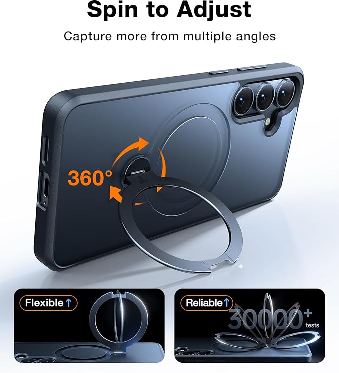 TORRAS 360° Spin for Samsung Galaxy S25 Case with Stand, Fit for MagSafe, 3X Military Grade Protective, Rotatable Kickstand for Samsung S25 Case, Magnetic Ring Slim Hard Cover, Matte Black 6.2''