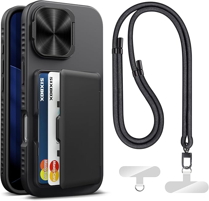 for iPhone 17 Case Wallet with Stand & Phone Lanyard Crossbody (2X Phone Tabs) & Card Holder & Camera Cover, Military Grade Drop Protection Phone Case for iPhone 17 6.3" 2025, Black