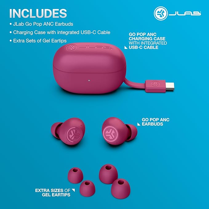 JLab Go Pop ANC True Wireless Earbuds & Charging Case, Fuchsia, Active Noise Cancelling, 10mm Drivers, Dual Connect, Customize Your Sound with App, Be Aware Mode, Compact Fit, MEMS Microphone