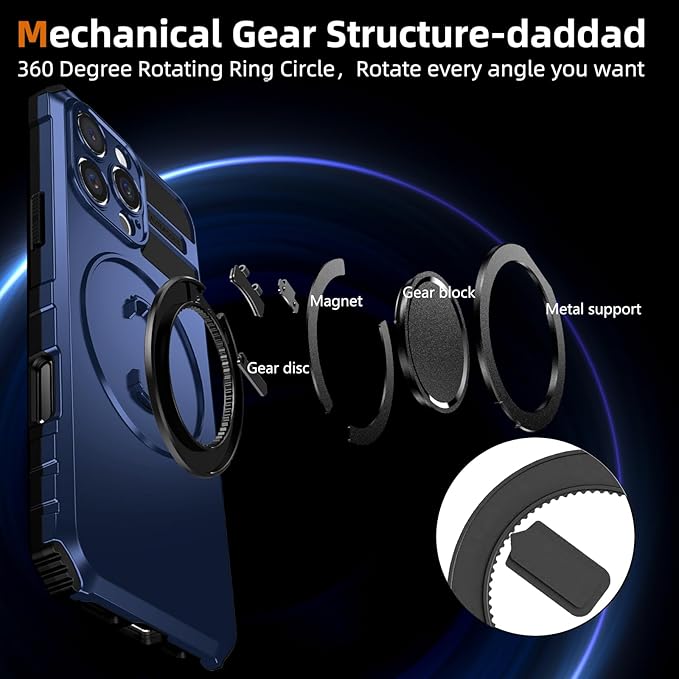 for iPhone 16 Pro Max Case Magnetic Compatible with MagSafe,with 2 Screen Protector,Built-in Camera Cover+Kickstand Ring,Military Grade Drop Shockproof Heavy Duty Protection Phone Bumper Blue