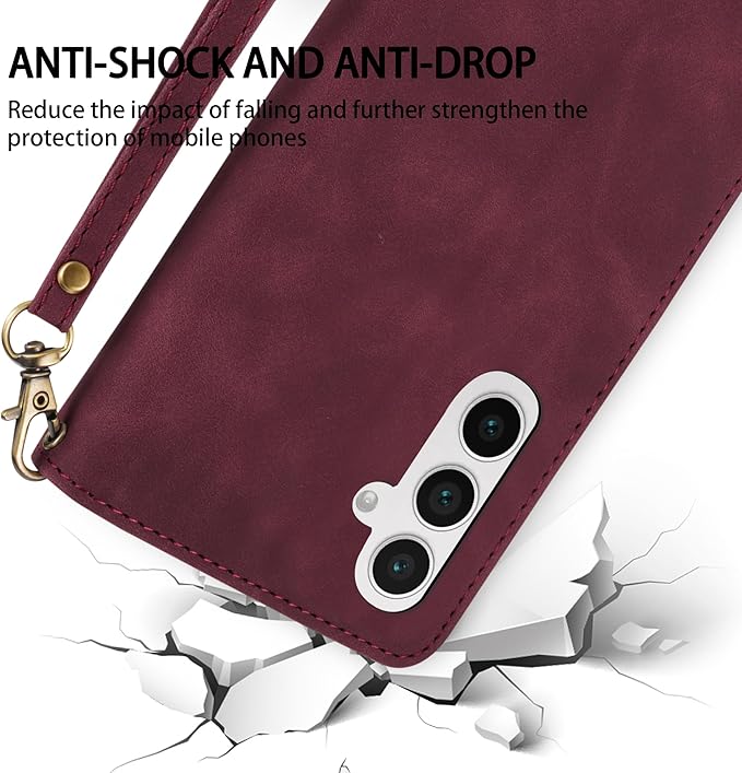 ZZXX for Samsung Galaxy S24 FE Wallet Case with RFID Blocking Card Slot PU Leather Zipper Flip Folio with Strap Kickstand Protective Cover for Galaxy S24 FE Case Wallet(Wine Red-6.7 inch)