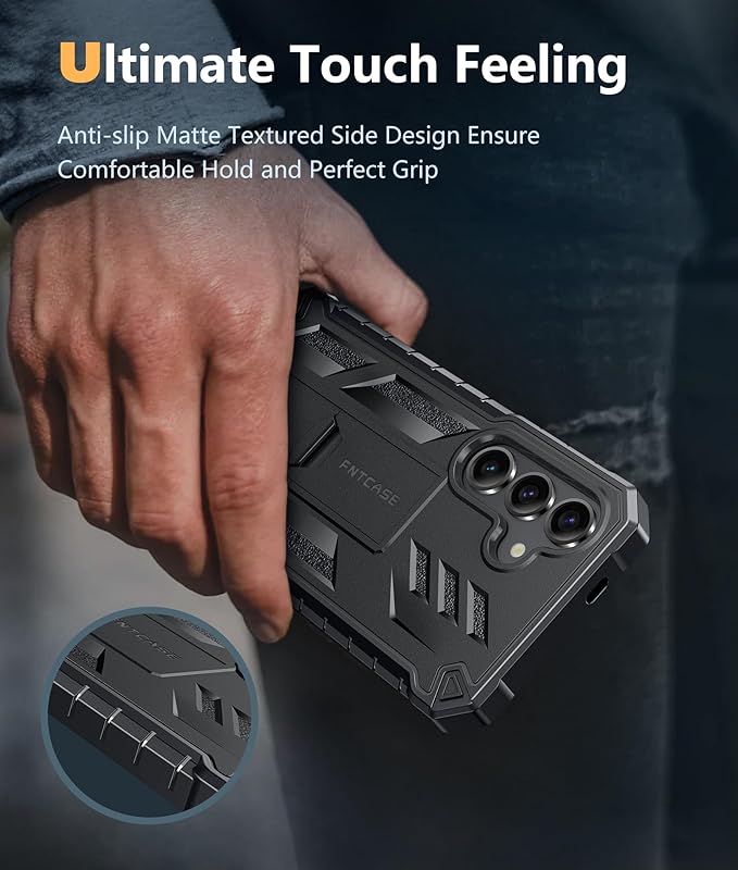 FNTCASE for Samsung Galaxy S24 Case: Military Grade Protective Cases with Kickstand | Rugged Drop Proof Shockproof Protection | Dual Layer Matte Textured TPU Phone Cover - 6.2 inches (Black)