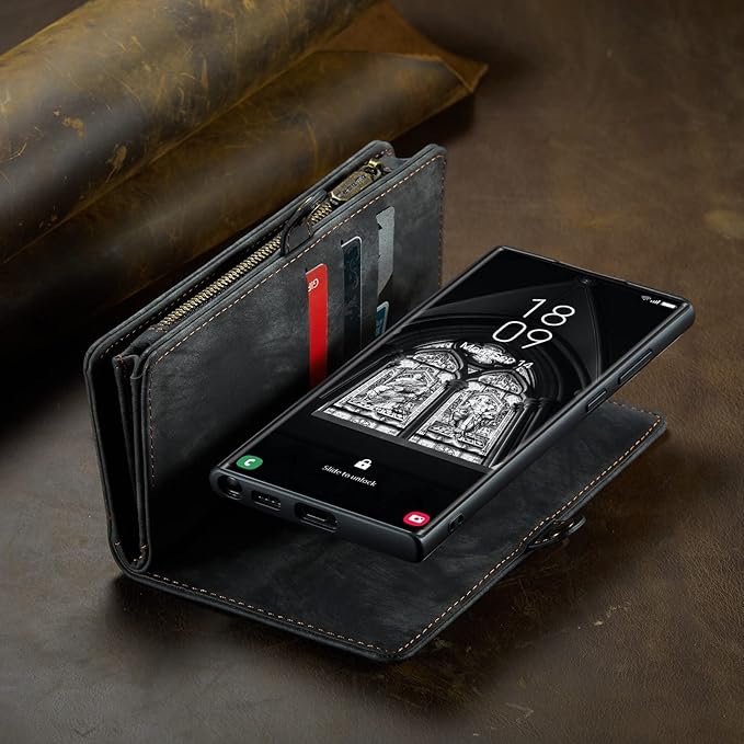 SZHAIYU 2 in 1 Detachable for Samsung Galaxy S23 Ultra Wallet Case with Card Holder, Retro Premium Flip Leather Cover Magnetic Zipper Pocket Phone Cases 6.8'' (Black,S23 Ultra)