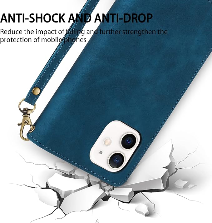 ZZXX for iPhone 12 Mini Wallet Case with Card Slot Premium Soft PU Leather Zipper Flip Folio Wallet with Wrist Strap Kickstand Protective for iPhone 12 Mini Case Wallet(Blue 5.4 inch)