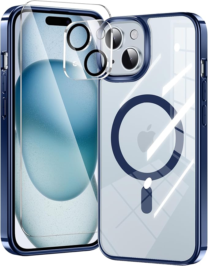 3 in 1 for iPhone 15 Case Clear with MagSafe, Not Yellowing, Screen Protector*1 Camera Lens Protector*1, Military-Grade Protection for iPhone 15 Phone Plating Soft Clear Case 6.1 inch,Blue