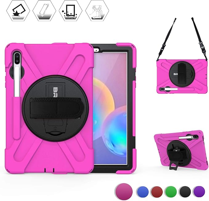 BRAECN for Galaxy Tab S6 10.5 2019 Case T860,Heavy Duty Shockproof Rugged Case with Hand Strap/360 Rotating Stand and Shoulder Strap for Samsung Tab S6 SM-T860/T865/T867 2019 (Rose Red)