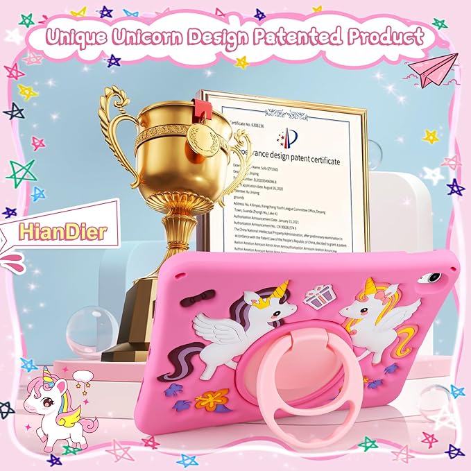 HianDier for iPad A16 Case 11th 2025 iPad 10th Generation Case for Kids Cute Unicorn Silicone Tablet Cover with Detachable Strap and Rotatable Stand Shockproof Cover for iPad 11inch 10.9inch-Rose Pink