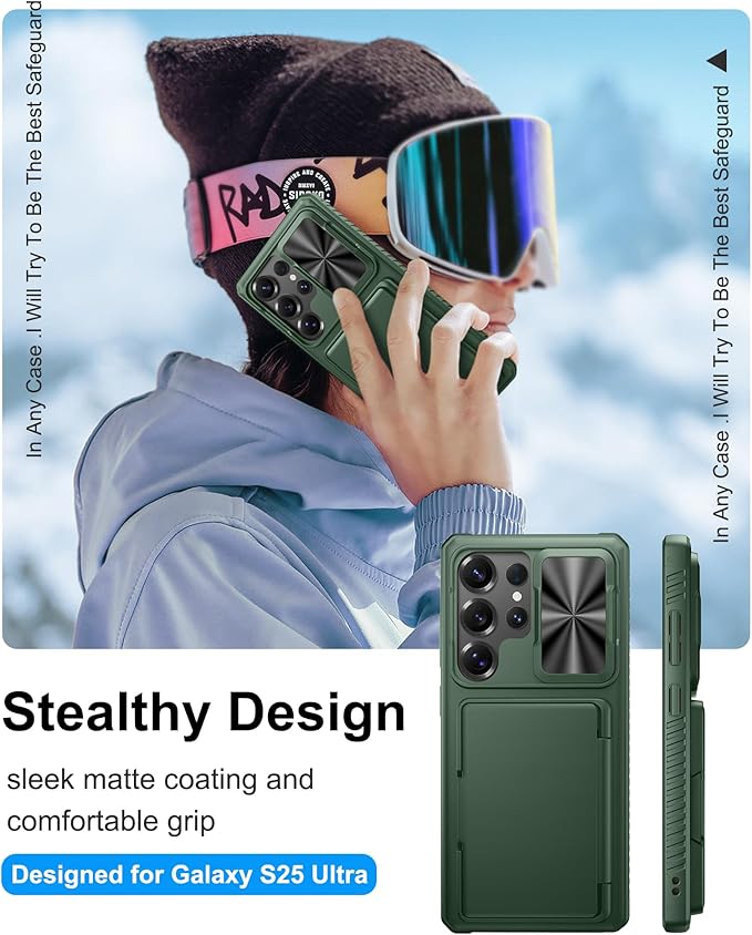 Multifuncional Case for Samsung Galaxy S25 Ultra, Card Holder (4-5 Cards), RFID Block, Slide Lens Cover & Military Grade Protection, Heavy Duty Men Women Wallet Case for Samsung S25 Ultra, Green