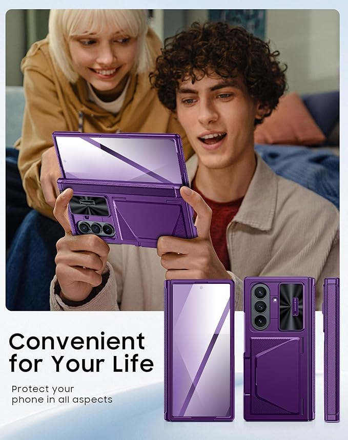 for Samsung Galaxy Z Fold 7 Case with Card Holder RFID Blocking, Built in Slide Lens Cover & Hinge Protection & Screen Protector, Shockproof Wallet Case for Z Fold 7 (Purple)