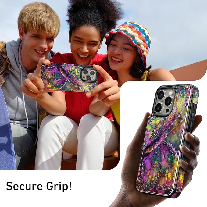 FUNMIKO for iPhone 14 Pro Max Wallet Case with Card Holder, RFID-Blocking, Military-Grade Protection & UV-Printed Artwork, Magnetic Closure with Leather Kickstand - Vibrant Elegant Butterfly