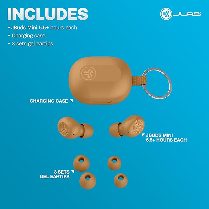 JLab JBuds Mini Tones True Wireless Bluetooth Earbuds + Charging Case, (7572 W), IP55 Sweat and Dust Proof, Bluetooth Multipoint, Be Aware Audio, 3 EQ Sound Settings, Crystal Clear Calls