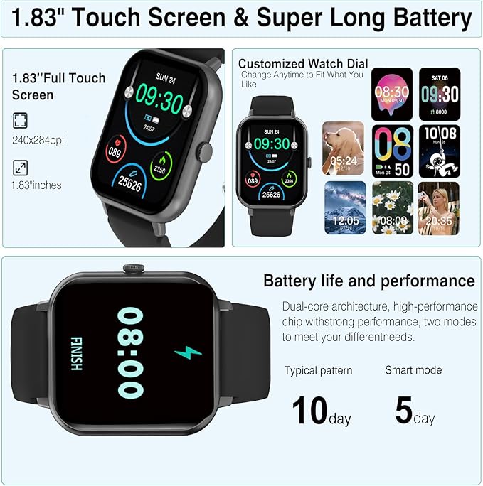 Smart Watch for Men Women Compatible with iOS Android Phone, 1.83" Full Touchscreen IP68 Waterproof Smartwatch,Fitness Tracker with Make/Recive Call 123+ Sport Modes Heart Rate/Sleep Monitor