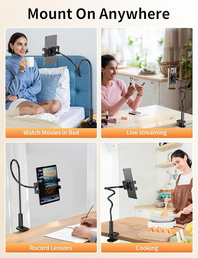 Gooseneck Tablet Holder Stand for Bed Adjustable Flexible Long Arm Tablets Mount Clamp on Table Compatible with iPad Air Mini | Galaxy Tabs | Kindle Fire | Switch or Other 4.7-12.9" Devices