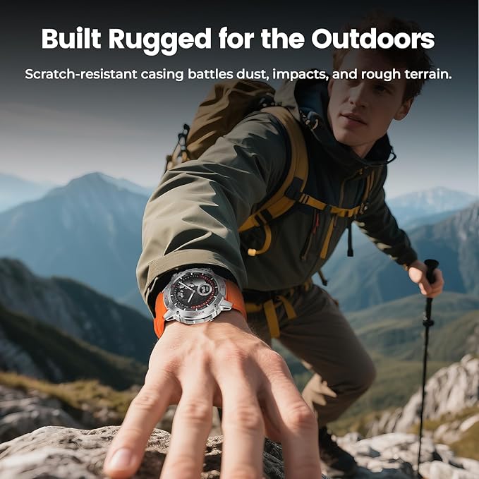 WalkerFit Military Rugged Smart Watch for Men 1.43" AMOLED Smartwatch, Always-on, 3ATM Waterproof for Swim, HR Sleep Monitor, Bluetooth Call Fitness Watch for iPhone Andriod Compatible, Silver Orange