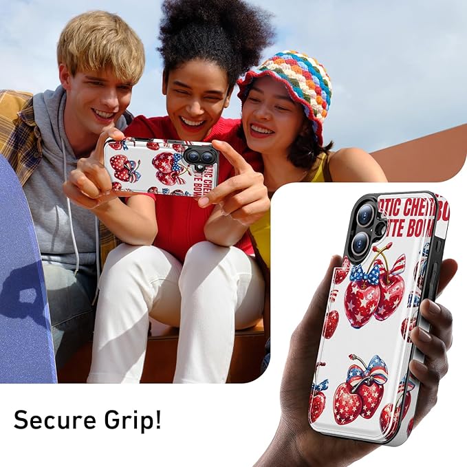 FUNMIKO for iPhone 16 Wallet Case with Card Holder, RFID-Blocking, Military-Grade Protection & UV-Printed Artwork, Magnetic Closure with Leather Kickstand - Cherries with Bow