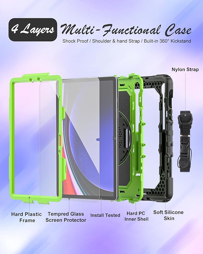 Case for Samsung Galaxy Tab S10 Lite/ S10 FE / S9 FE 10.9 Inch / S9 11'' 5G Protective with Screen Protector/Pen Holder/Hand Strap, Heavy Duty Shockproof Tablet Cover for S10 Lite, Green