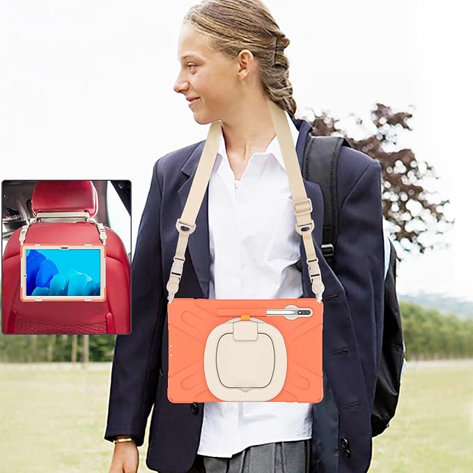 360 Rotation Portable Case for Galaxy Tab S8+/S7 FE/S7+ 12.4 Inch Case with S Pen Holder Rugged Case Rotating Stand Hand Strap Shoulder Carrying Strap Outdoor Cover (Orange)