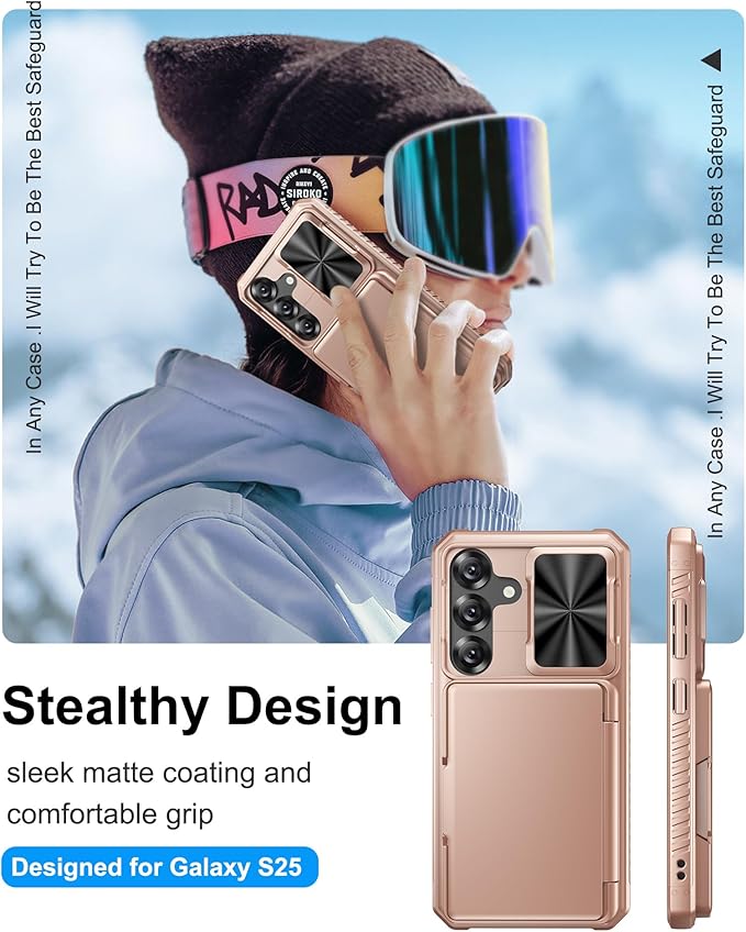 for Samsung Galaxy S25 Phone Case Wallet, Card Holder (4-5 Cards), RFID Block, Slide Camera Cover, Military Grade Shockproof, Heavy Duty Men Women Phone Cases for Samsung Galaxy S25, Rose Gold