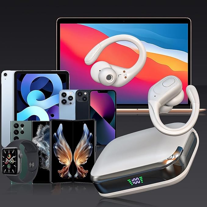 Bluetooth Headphones Wireless Earbuds with 75Hrs Playback, LED Display Charging Case, IPX7 Waterproof, Over-Ear Design Ear Buds for Sports/Running/Workout - White