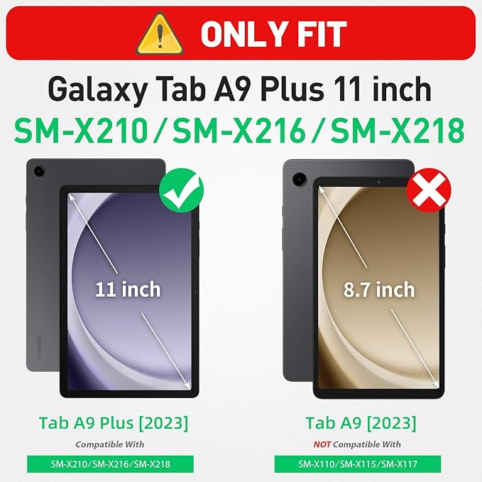 HXCASEAC Case for Samsung Galaxy Tab A9 Plus/A9+ 11 Inch with Screen Protector/Adjustable Hand Strap/Pen Holder, 3-Layer Drop Proof SM-X210/X216/X218- Black