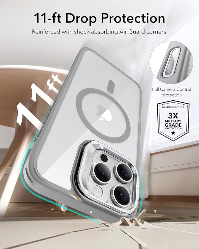 ESR for iPhone 16 Pro Case,Camera Control Button Compatible with MagSafe, Military-Grade Protective Case, Built-in Stash Stand Phone Case, Scratch-Resistant Back Cover, Classic Series, Clear Grey