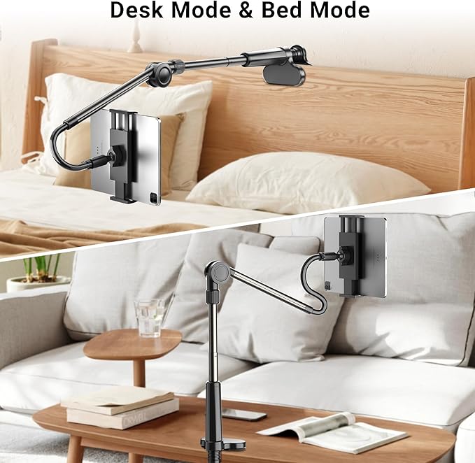 Desk Tablet Holder for iPad Pro, No Stiff Easy Adjust Arm Phone and Tablet Stand for Bed, Ereader Accessories Compatible with Kindle iPhone, iPad Pro/Mini/Air, Smartphones
