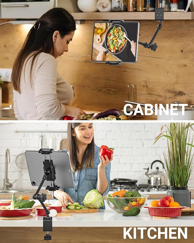 Metal Desk Tablet Mount, Fit for 6.1-15.6" Devices, Adjustable Phone Stand for Kitchen, Cabinet, Table, with 360° Foldable Rotation Aluminum Arm, Compatible with iPad Pro/Air/Mini, Galaxy Tab