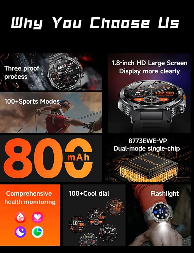 Military Smart Watch for Men, 800mAh Big Battery Smart Watches with LED Flashlight for Android iOS, Answer/Make Call, Fitness Tracker, Blood Oxygen/Heart Rate Monitoring, Sleep Track (2 Bands, Black)