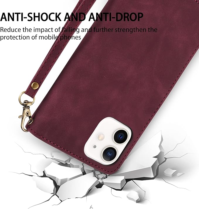 ZZXX for iPhone 12 Pro Wallet Case with Card Slot Premium Soft PU Leather Zipper Folio with Wrist Strap Kickstand Protective for iPhone 12 (Wine Red 6.1 inch)