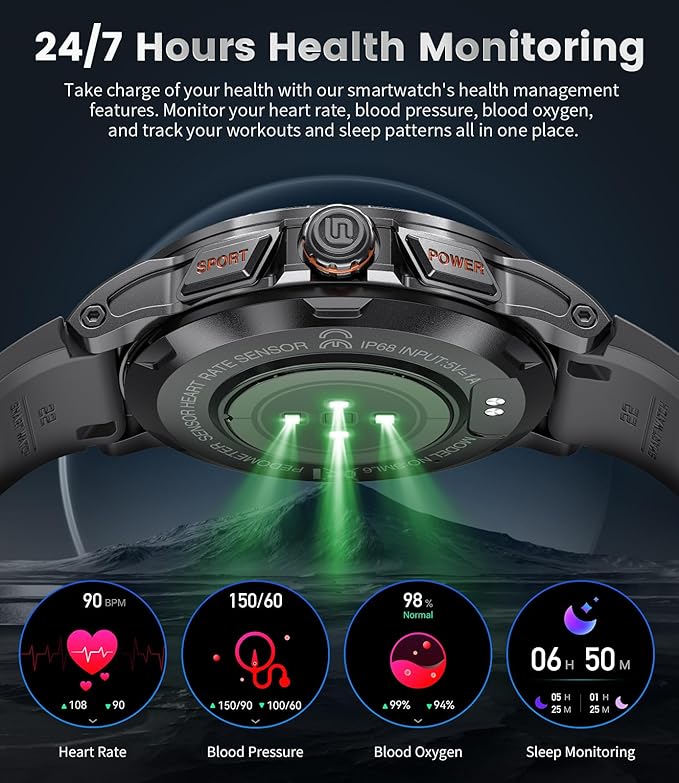 LIGE Military Smart Watch for Men(Answer/Make Call),1.43" HD AMOLED Rugged Smartwatch for iPhone Android Phone,Fitness Watch,Black Sport Watch with 120+ Sport Modes/5ATM Waterproof