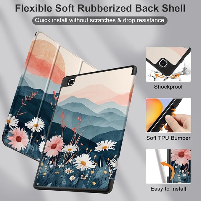 DONGKE Case for Samsung Galaxy Tab S6 Lite 10.4 Inch 2024/2022/2020, Trifold Stand + S Pen Holder + Auto Wake/Sleep + Soft TPU Protective Stand Back Cover, Daisies