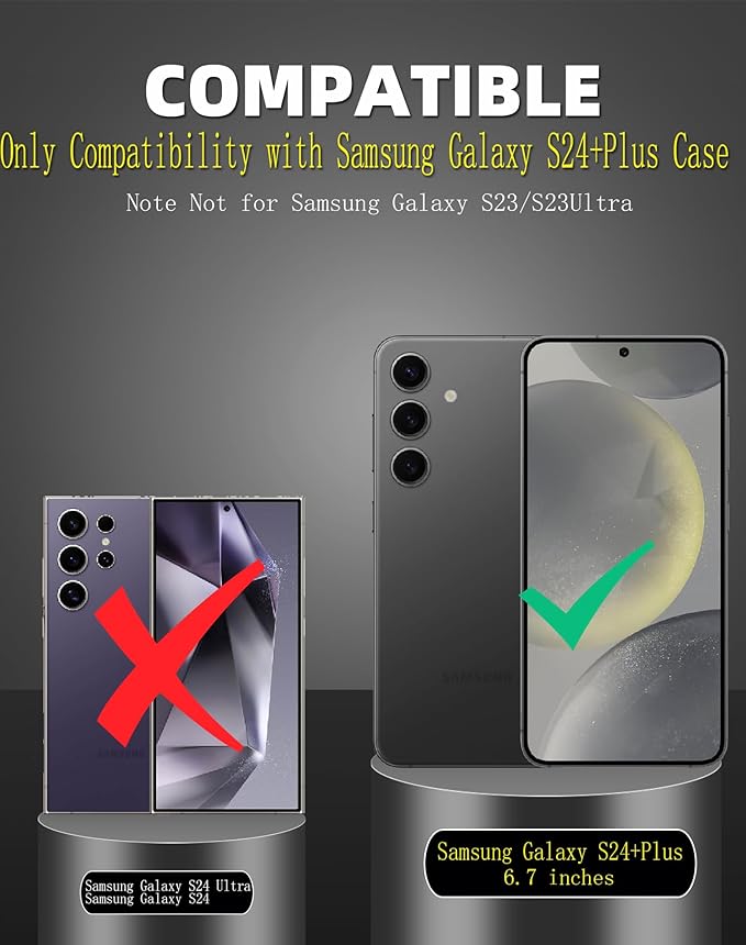 for Samsung Galaxy S24 Plus Case Compatible Wireless Charging Magnetic,with Screen Protector,for S24+Plus Phone Case with 360°Stand Ring Military Grade Shockproof Heavy Duty Protection Black